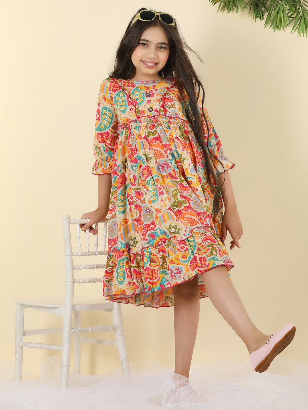 Cutiekins Girls V-Neck Printed Dress -Multicolor
