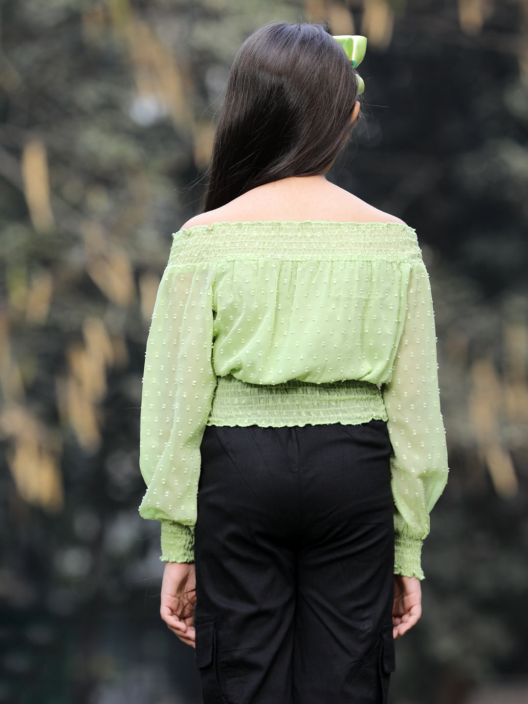 Cutiekins Solid Off Shoulder Georgette Top & Trouser Set -Light Green & Black