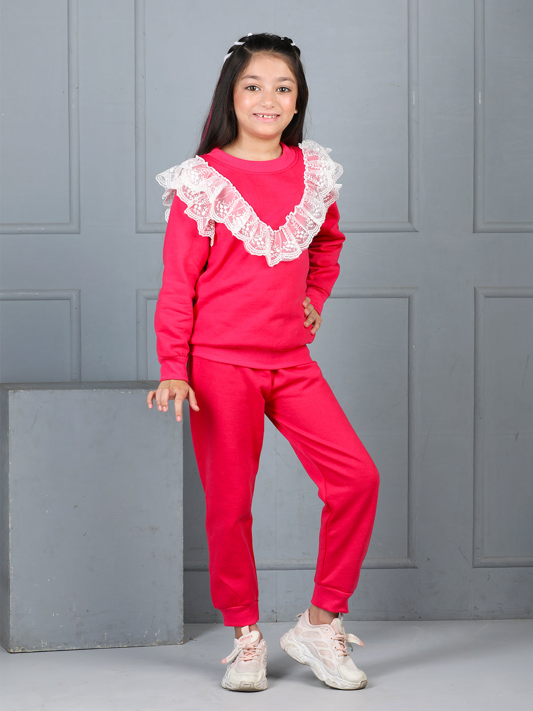 Cutiekins Girls Solid Embellished Cozy Fleece Tracksuit Hot Pink Off White