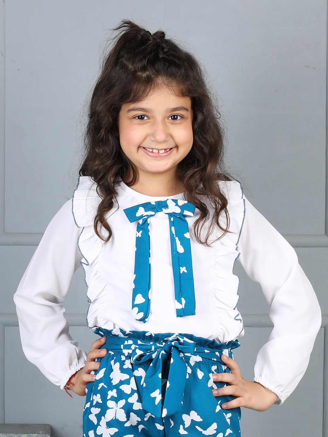 Cutiekins Girls Solid Embellished Bow Top -Off White & Teal Blue