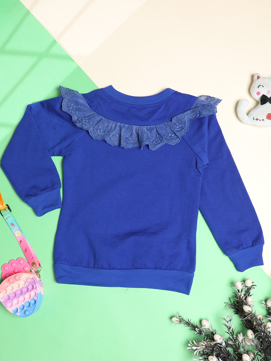 Cutiekins Girls Solid Embellished Trendy Winter Sweatshirt -Dark Blue