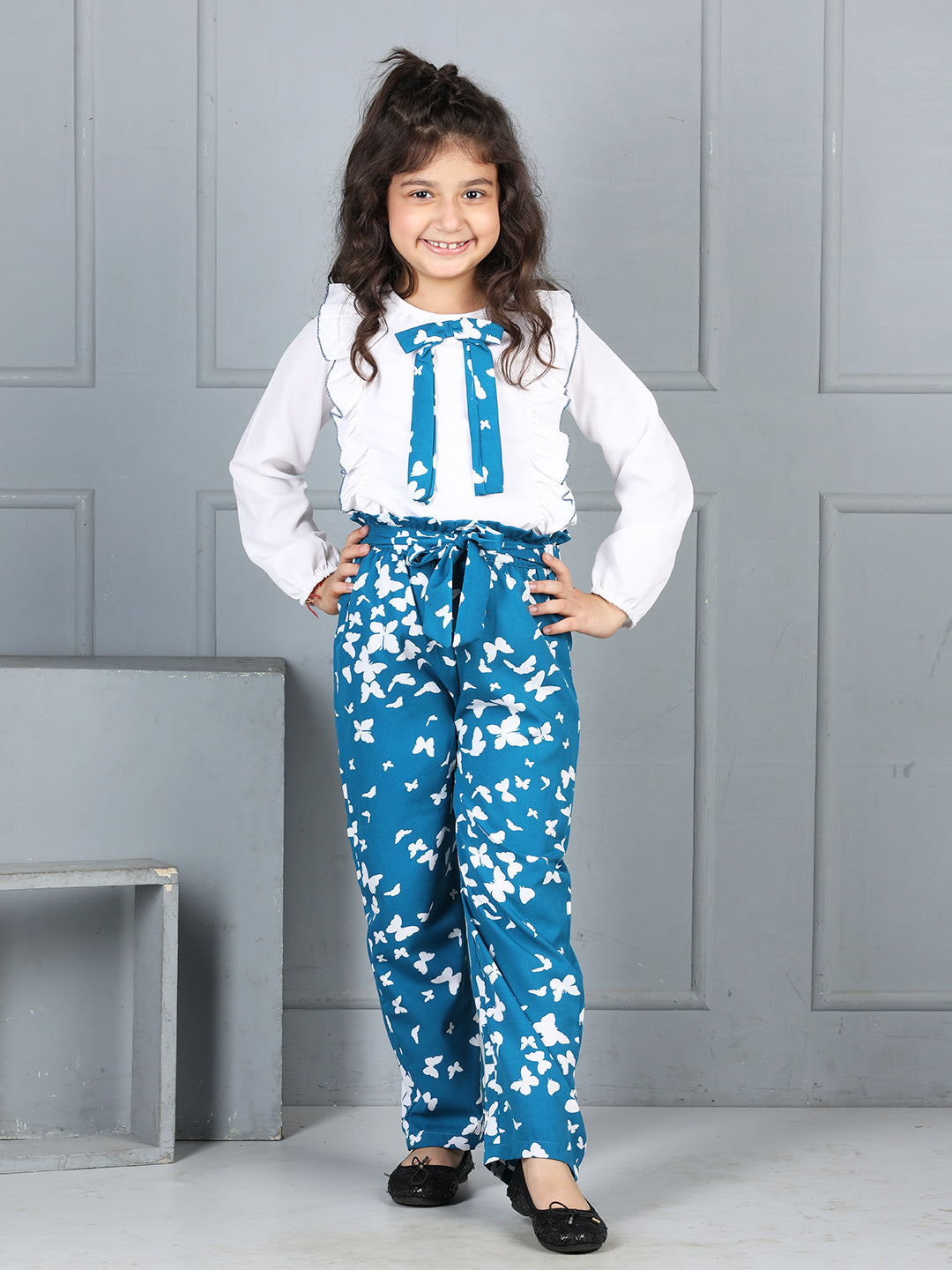 Cutiekins Girls Tie-Up Solid Top With Butterfly Printed Palazzo -Off White & Teal blue