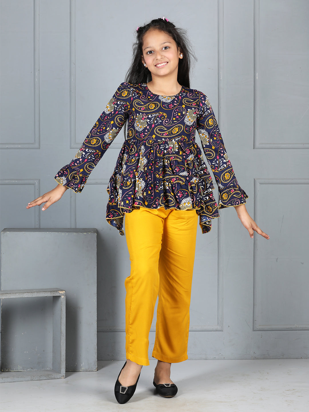 Cutiekins Girls Paisley Print Top With Solid Trouser -Navy Blue & Mustard