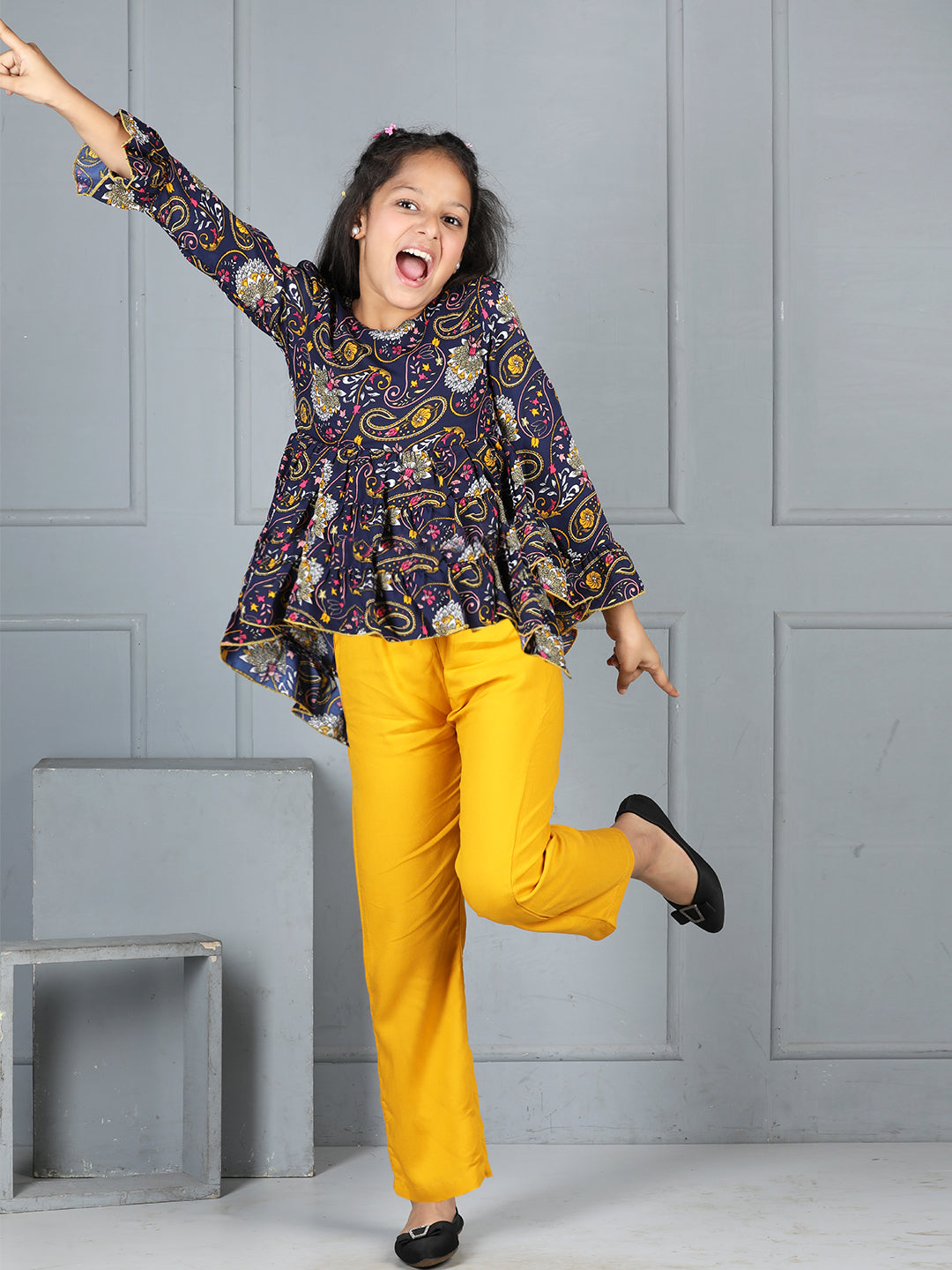 Cutiekins Girls Paisley Print Top With Solid Trouser -Navy Blue & Mustard