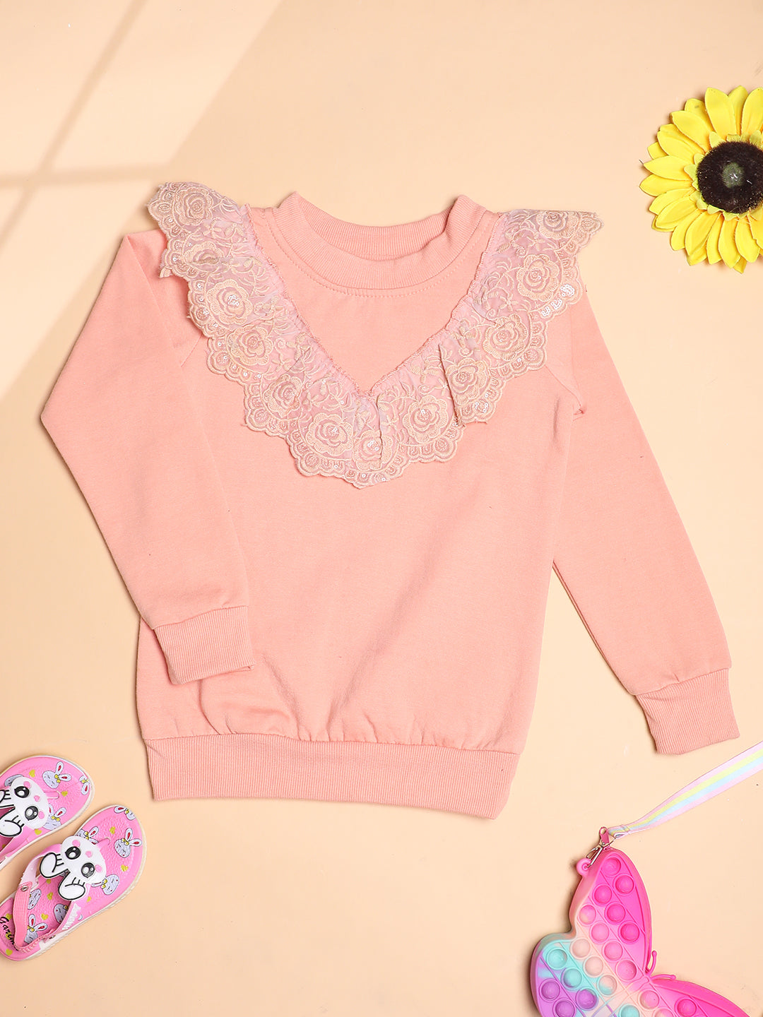 Cutiekins Girls Solid Embellished Trendy Winter Sweatshirt -Peach