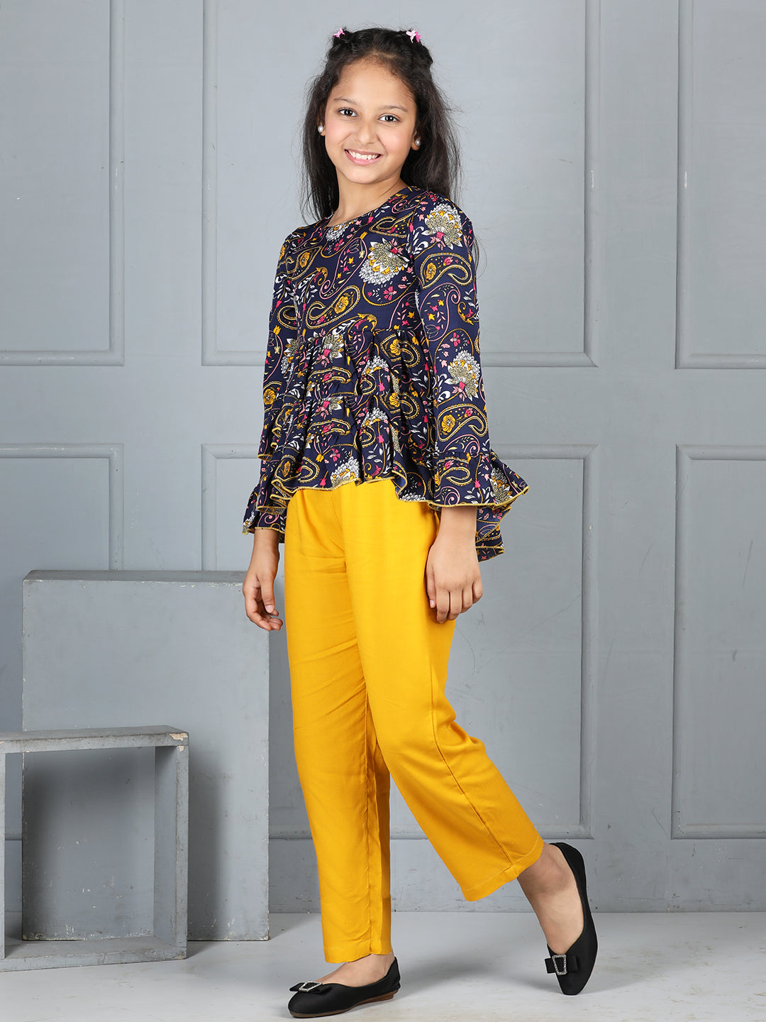 Cutiekins Girls Paisley Print Top With Solid Trouser -Navy Blue & Mustard