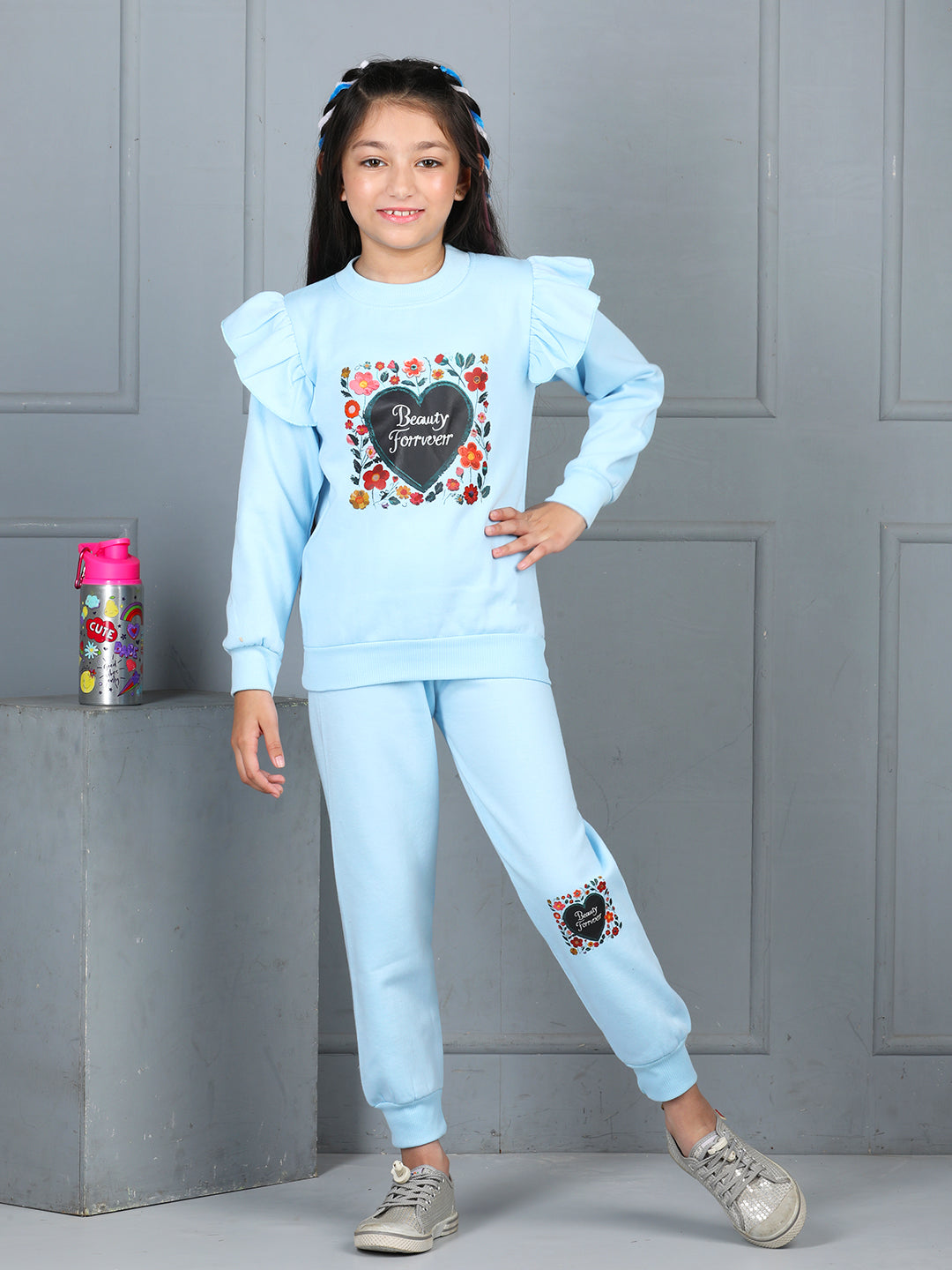 Cutiekins Girls Graphic Print Cozy Tracksuit -Turquoise Blue & Black