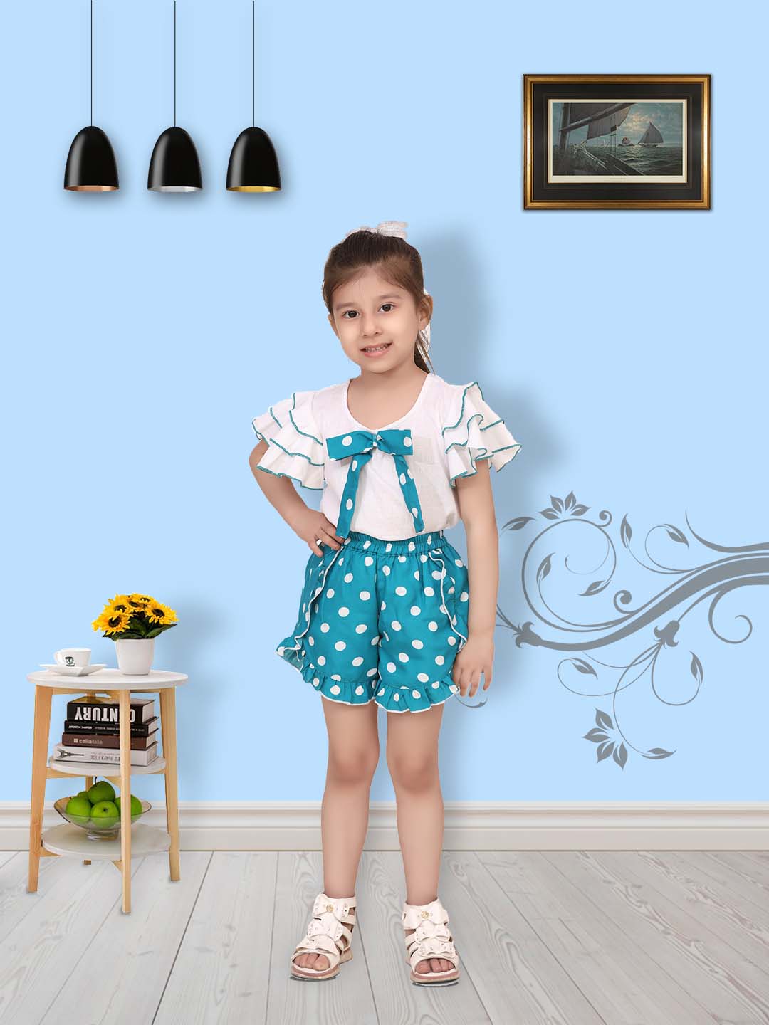 Cutiekins Girls Casual Top & Shorts Set  (White & Blue)