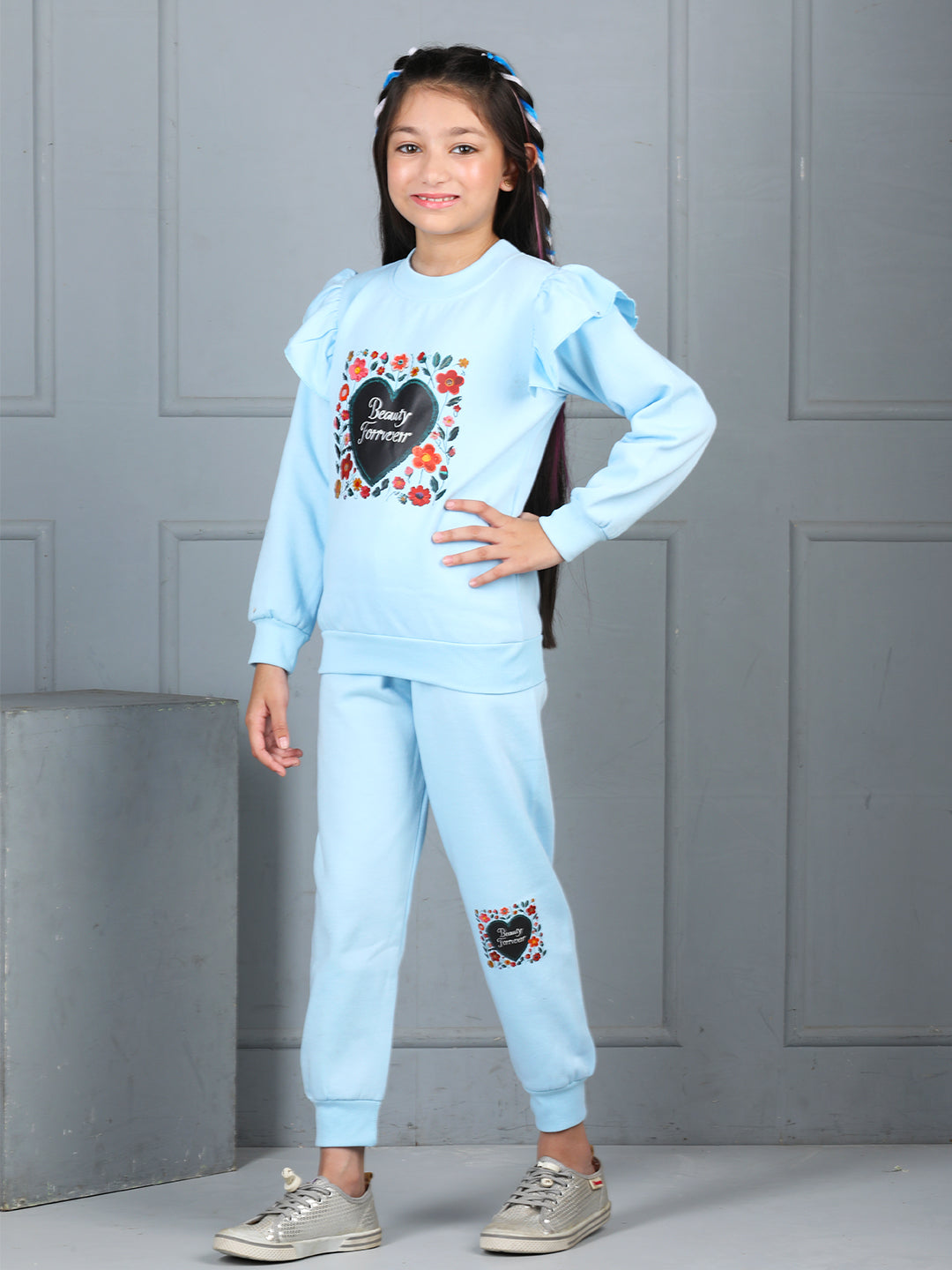 Cutiekins Girls Graphic Print Cozy Tracksuit -Turquoise Blue & Black