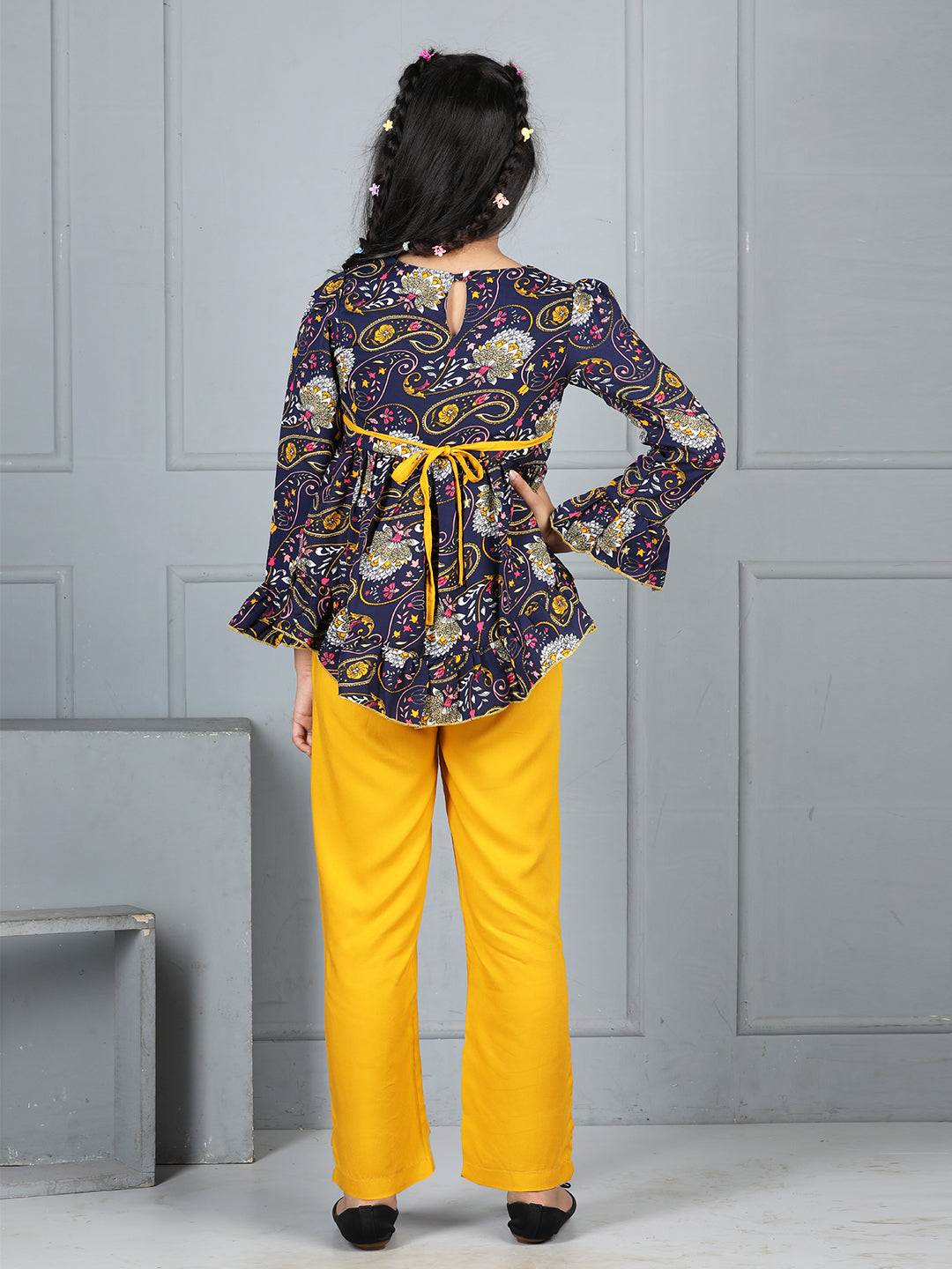 Cutiekins Girls Paisley Print Top With Solid Trouser -Navy Blue & Mustard