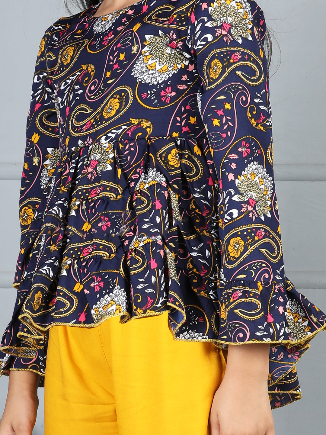 Cutiekins Girls Paisley Print Top With Solid Trouser -Navy Blue & Mustard