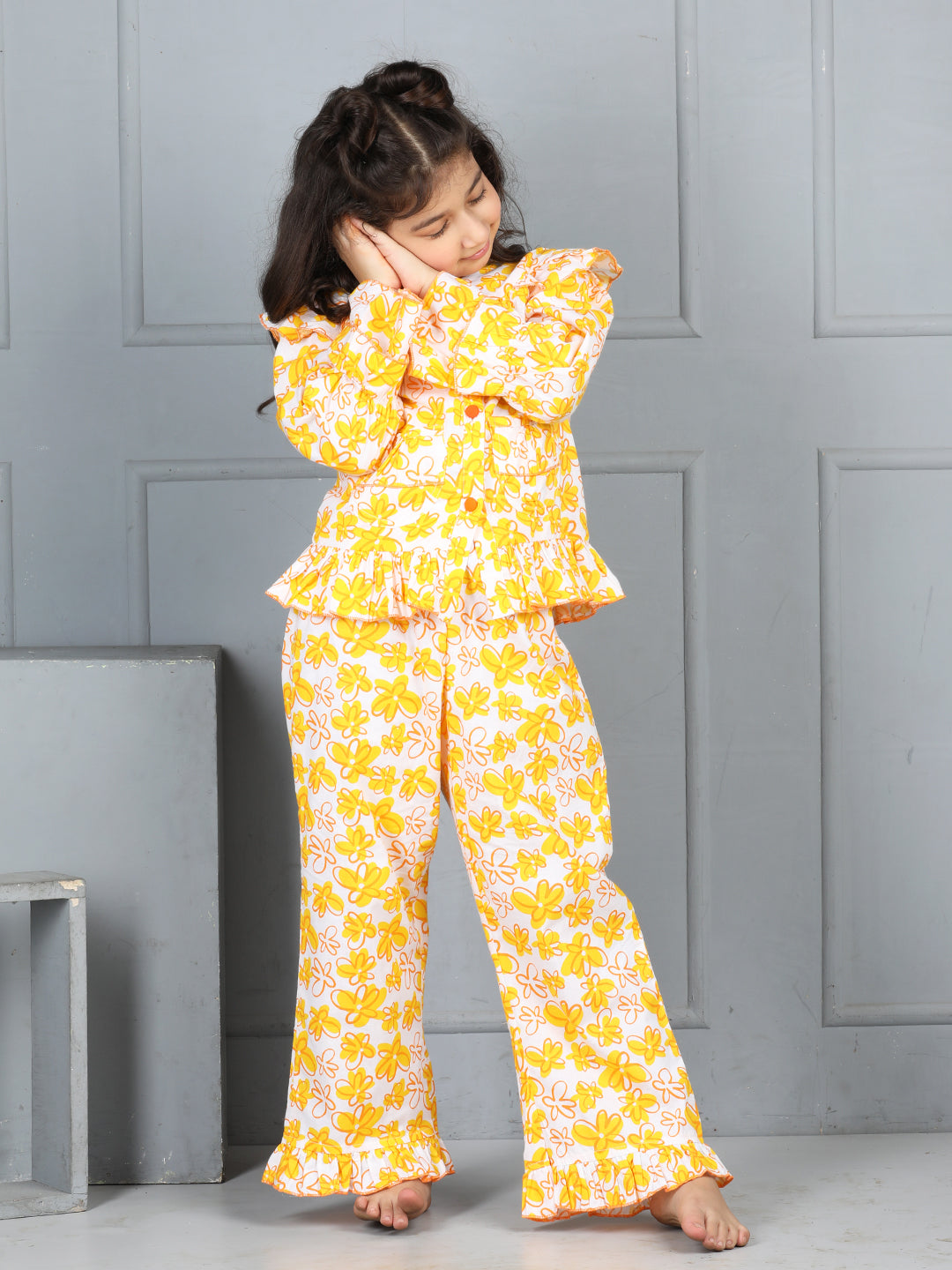 Cutiekins Girls Shirt Style Floral Printed Top With Printed Palazzo Nightsuit -Off White & Orange