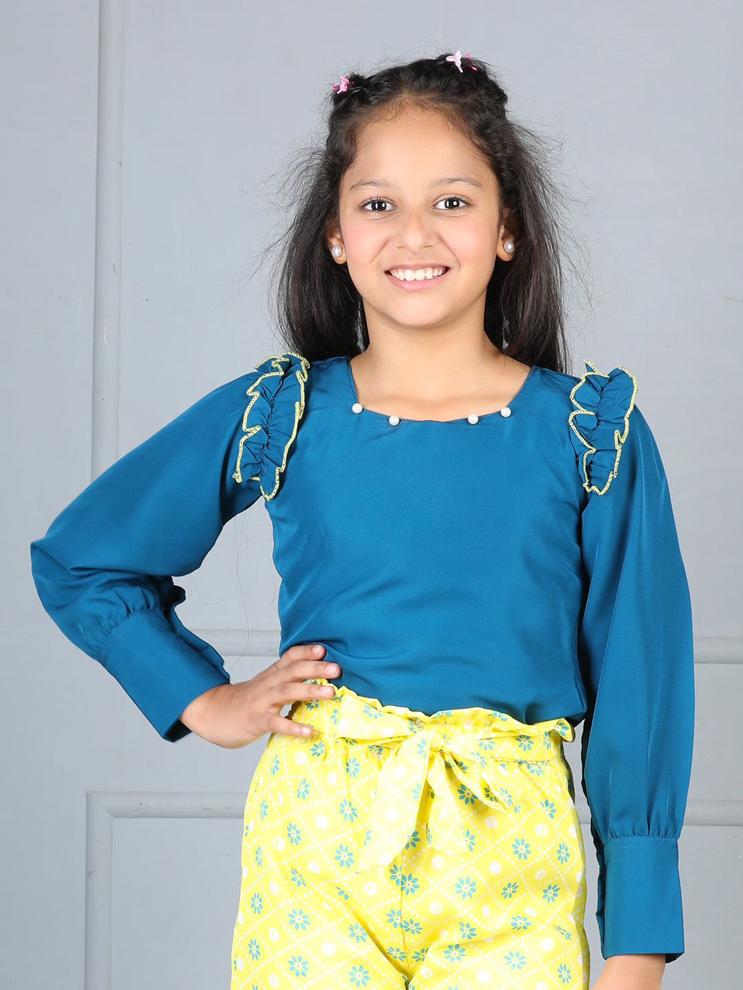 Cutiekins Girls Solid & Embellished Shoulder  Top -Teal Blue