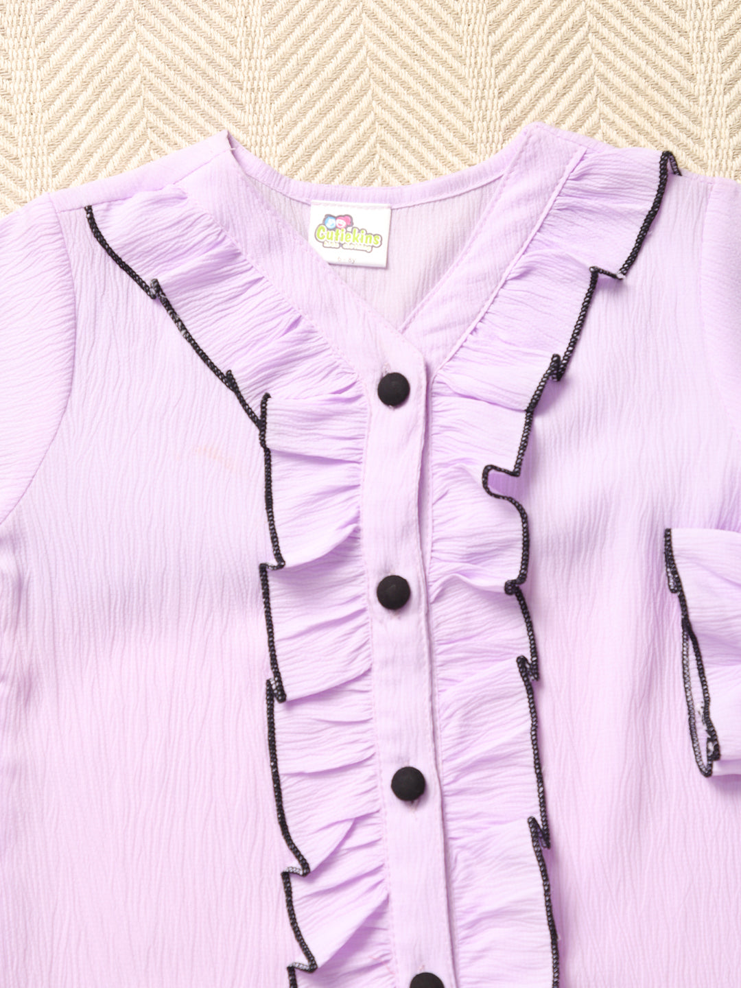 Cutiekins Girls Shirt Style Embellished Top -Lavender & Black