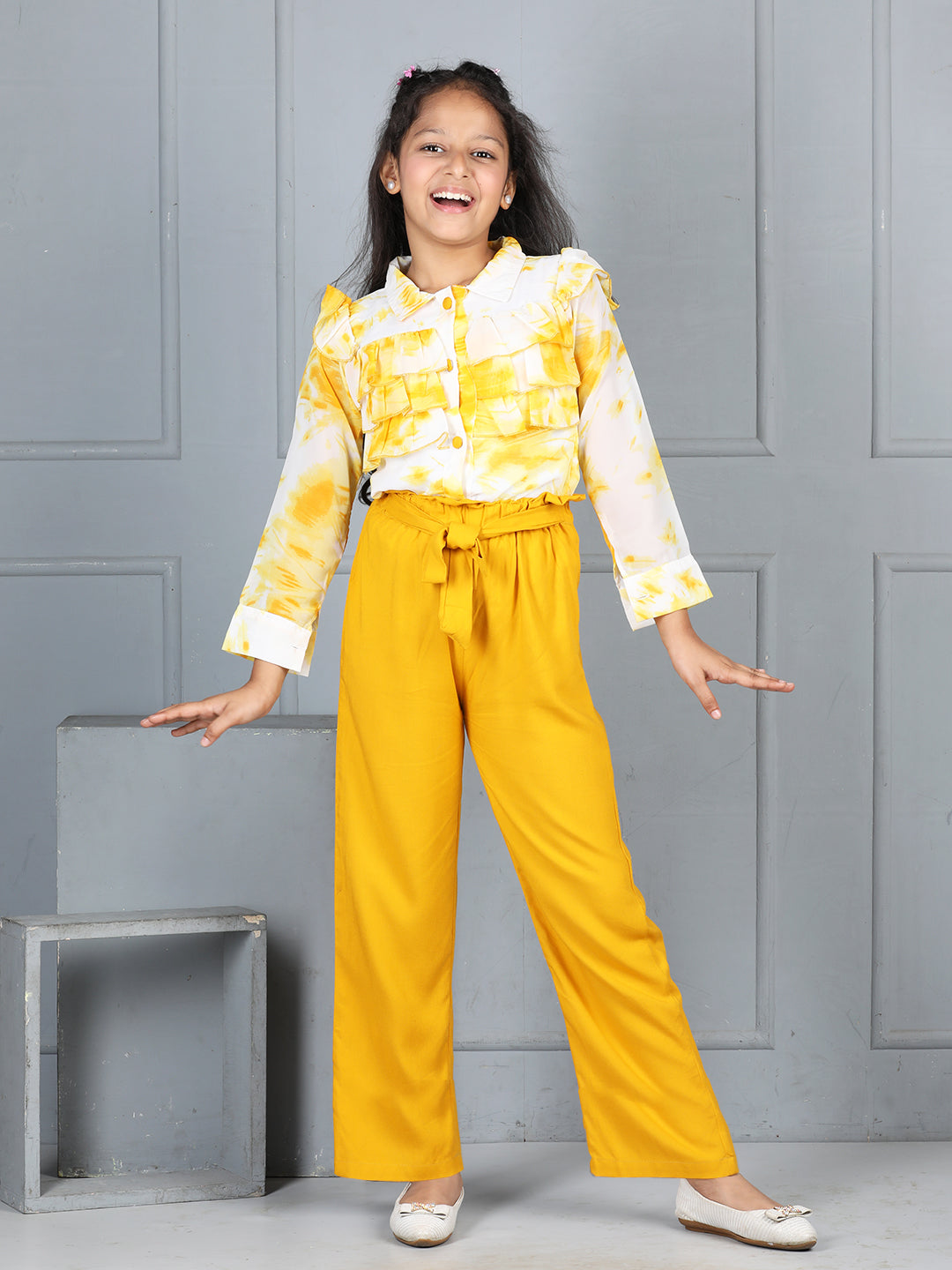 Cutiekins Girls Shirt Style Abstract Print Top With Solid Trouser -Off White & Mustard