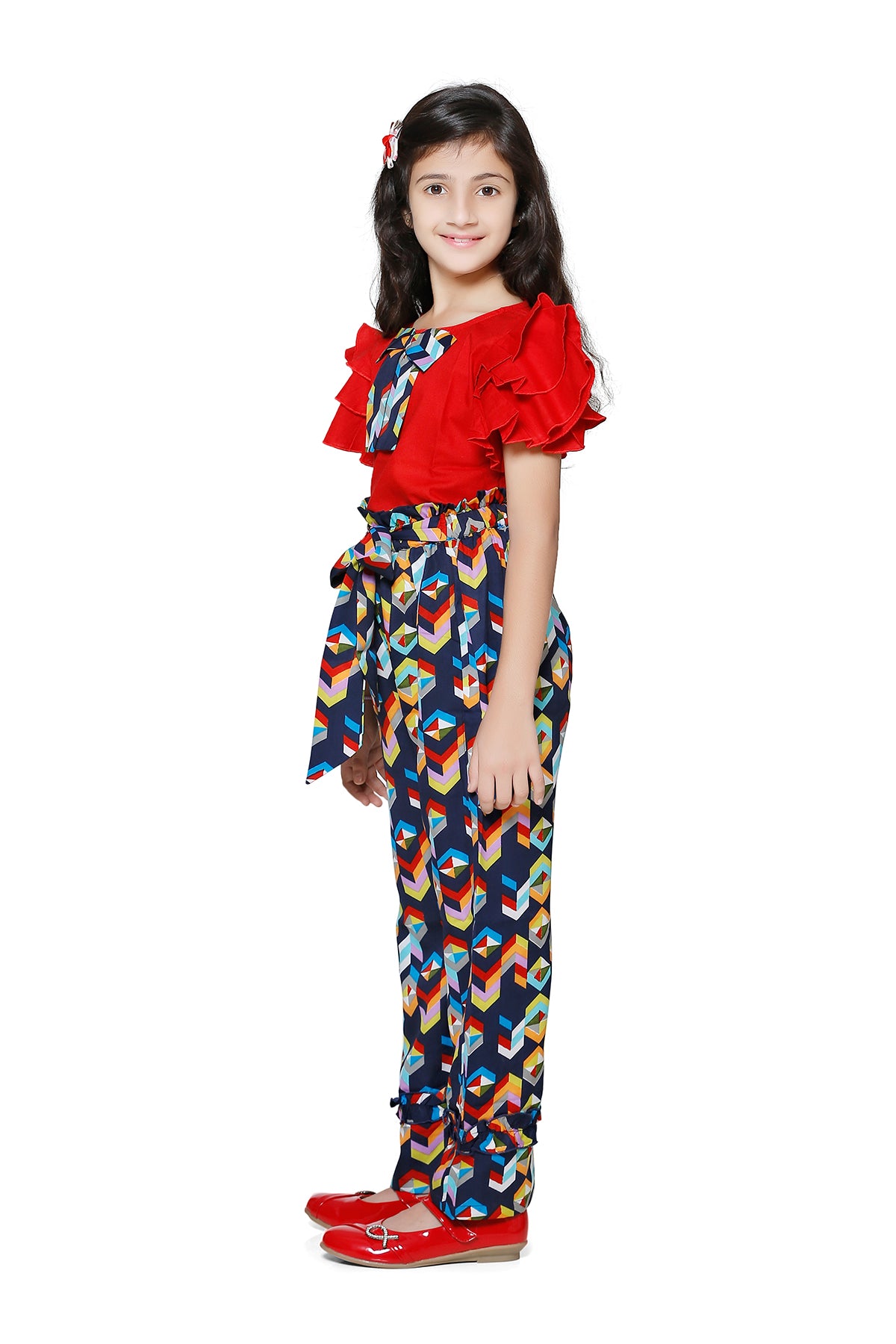 Cutiekins Red Cotton Top & Blue Printed Palazzo Set