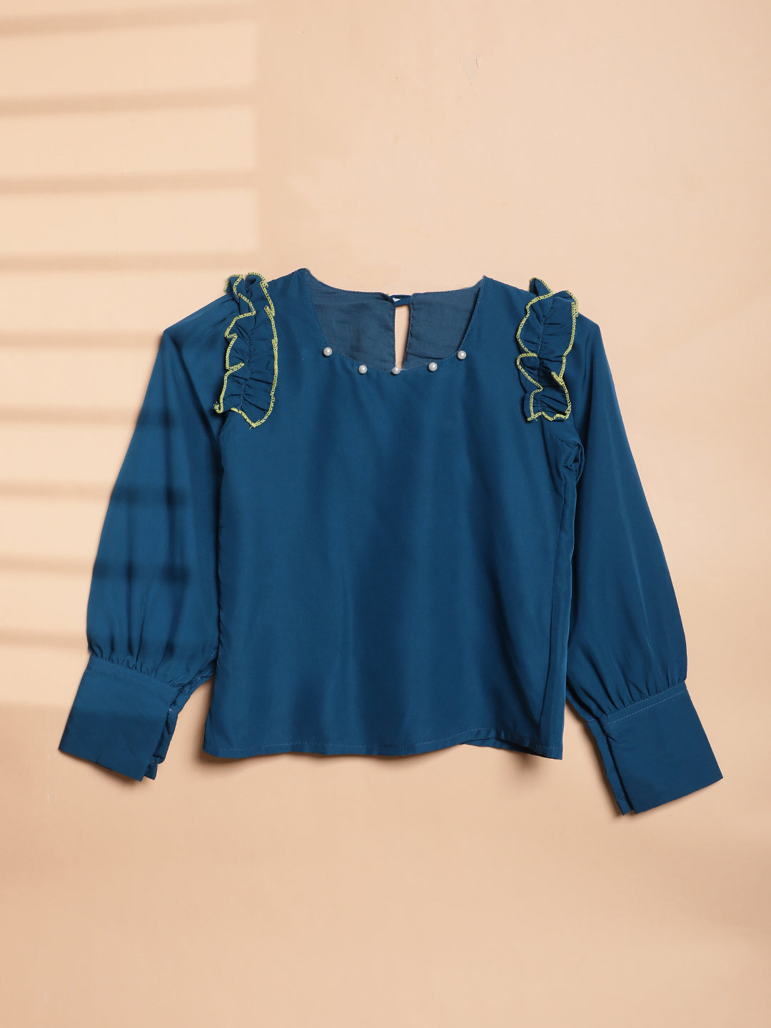 Cutiekins Girls Solid & Embellished Shoulder  Top -Teal Blue