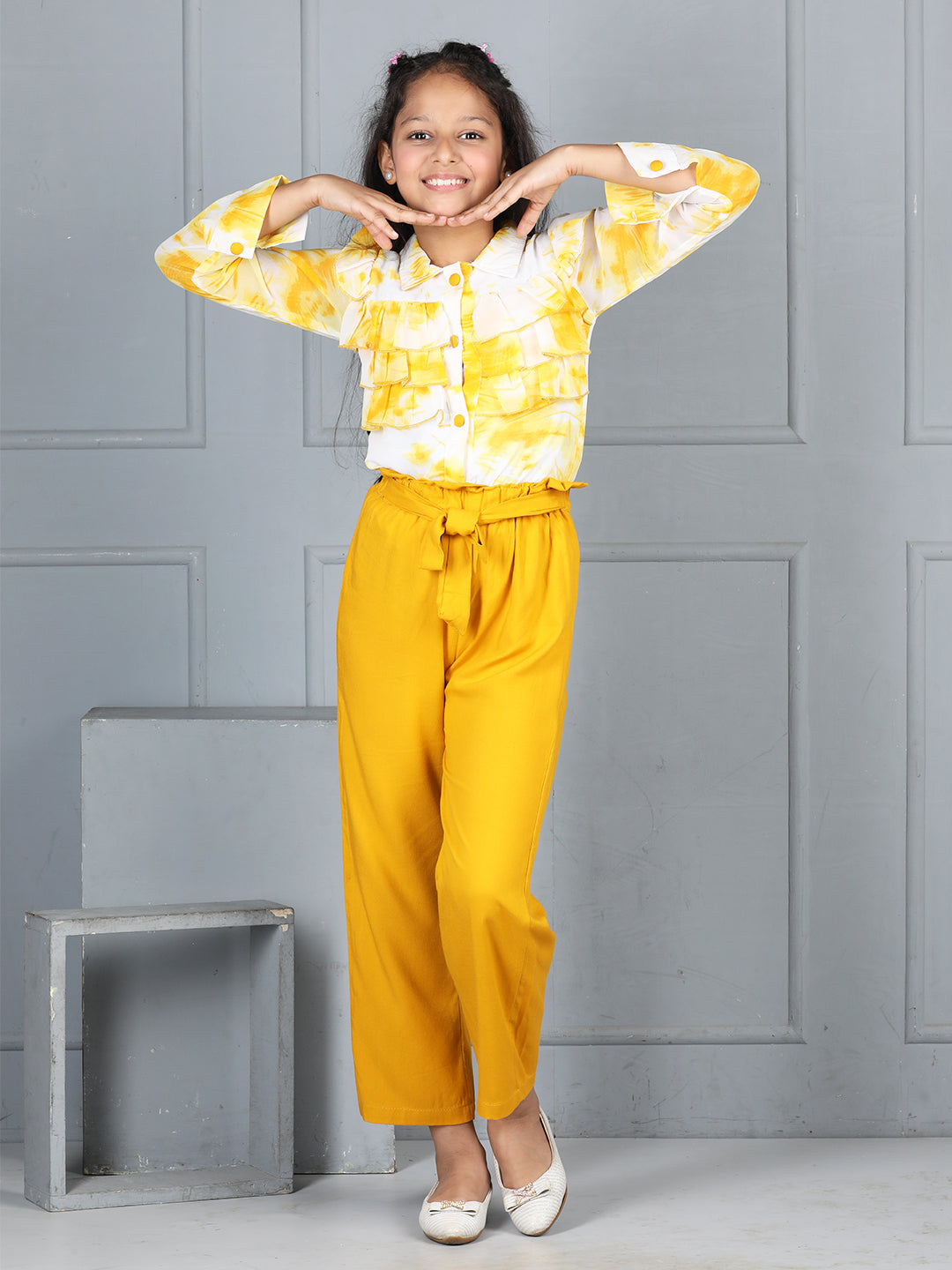 Cutiekins Girls Shirt Style Abstract Print Top With Solid Trouser -Off White & Mustard