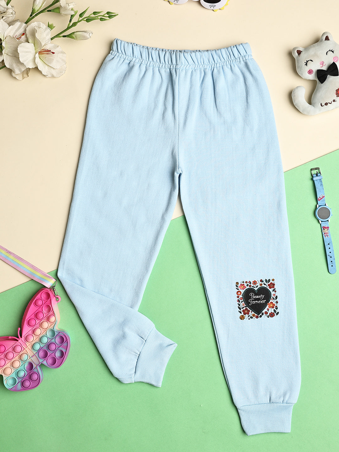 Cutiekins Girls Graphic Print Cozy Trackpant -Turquoise Blue