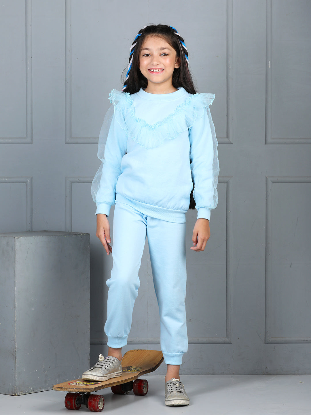 Cutiekins Girls Solid Embellished Cozy Fleece Tracksuit -Sky Blue