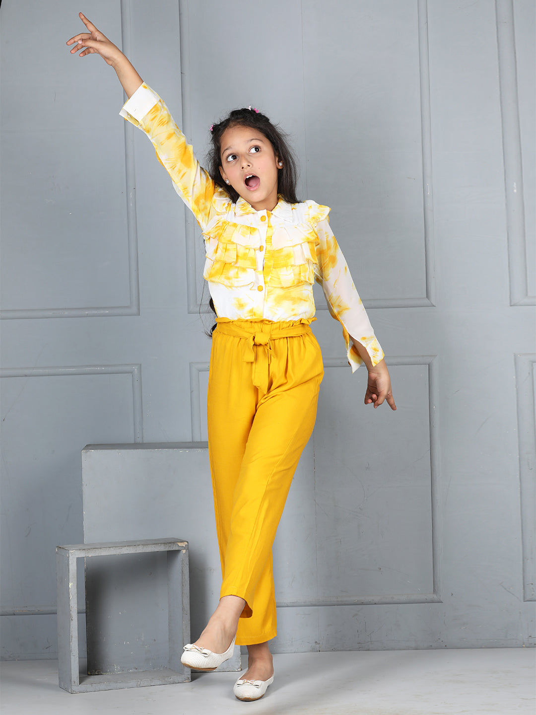 Cutiekins Girls Shirt Style Abstract Print Top With Solid Trouser -Off White & Mustard