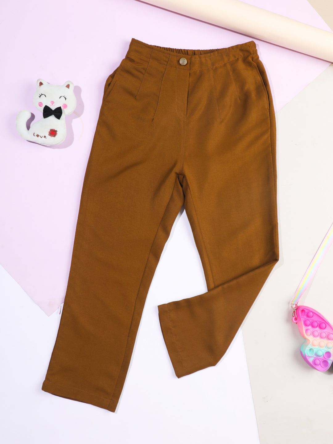 Cutiekins Girls Casual Solid Regular-Fit Trouser -Brown