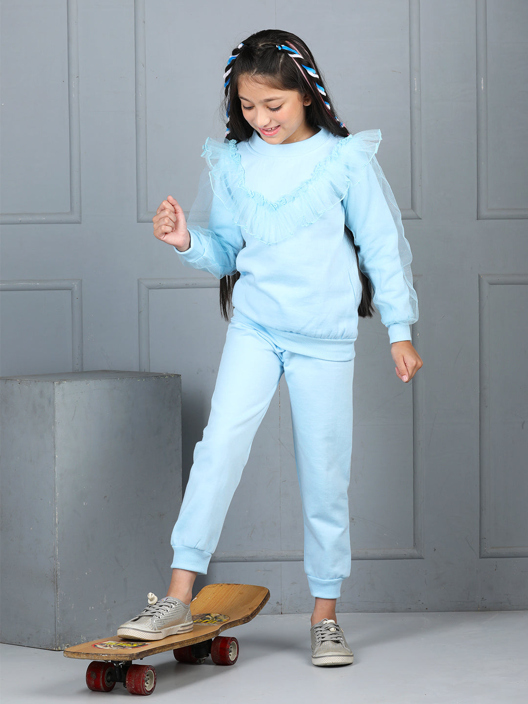 Cutiekins Girls Solid Embellished Cozy Fleece Tracksuit -Sky Blue