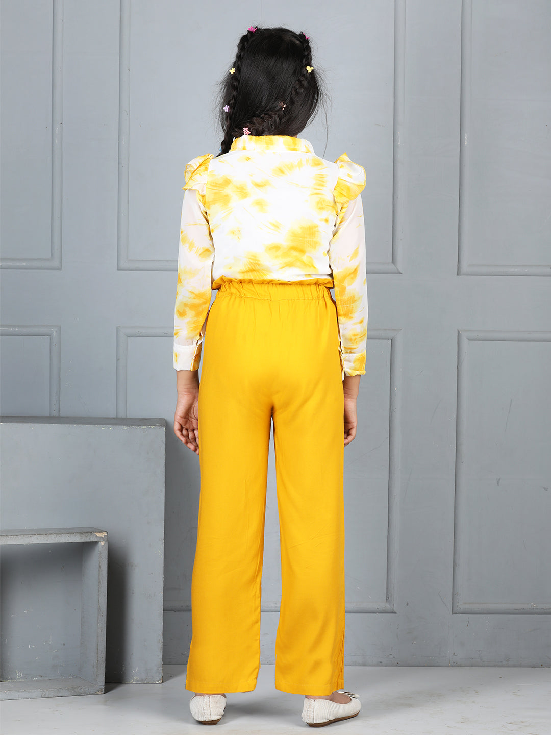 Cutiekins Girls Shirt Style Abstract Print Top With Solid Trouser -Off White & Mustard