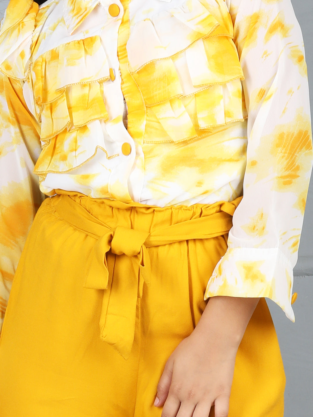 Cutiekins Girls Shirt Style Abstract Print Top With Solid Trouser -Off White & Mustard