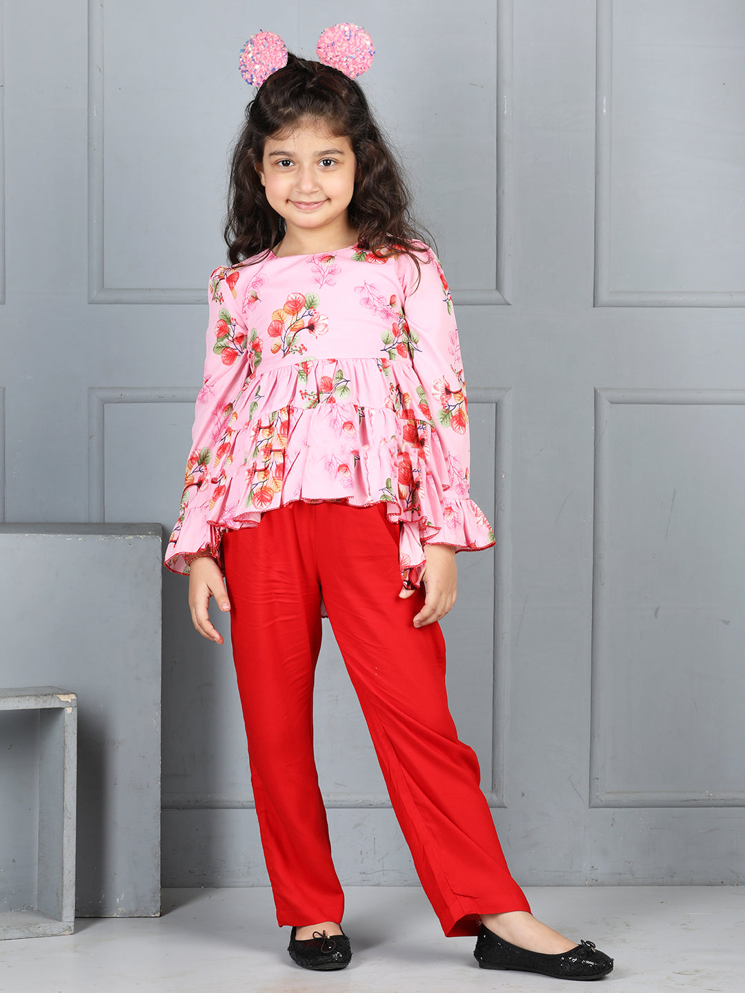 Cutiekins Girls Floral Printed Top With Solid Trouser -Pink & Red