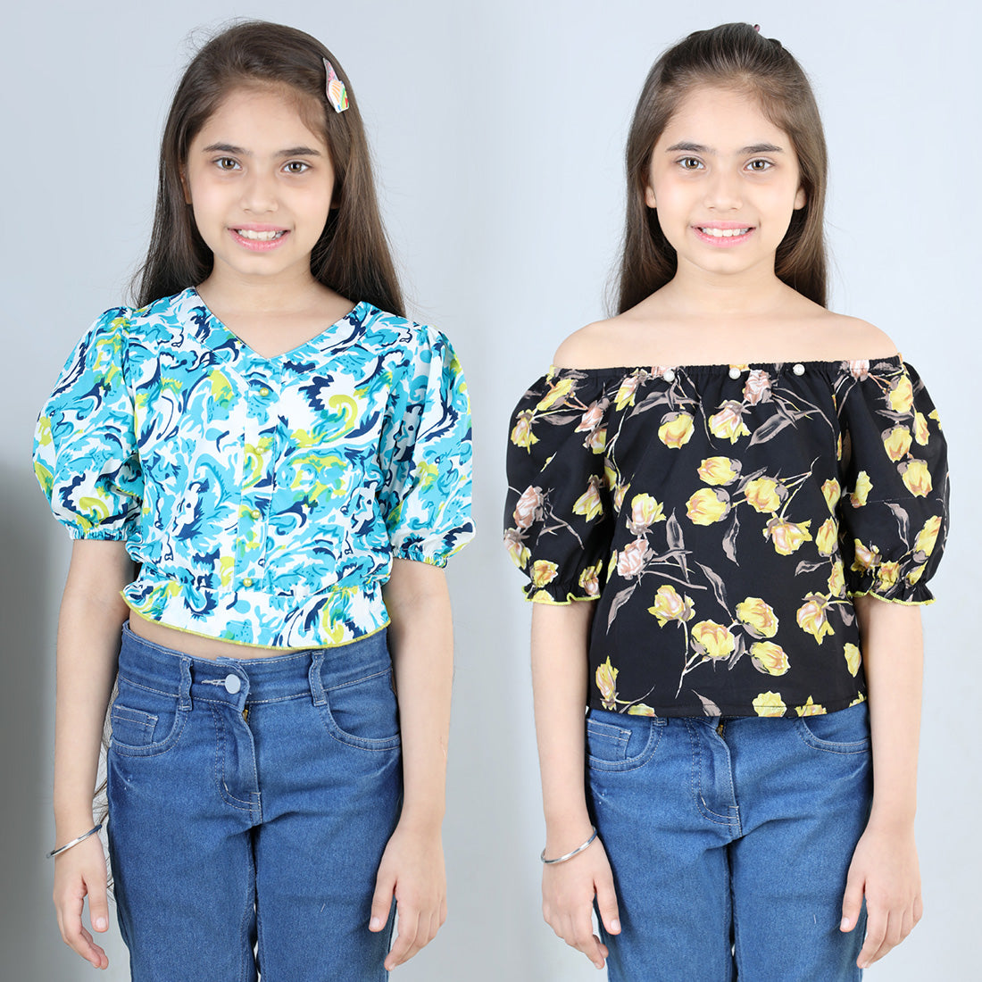 Cutiekins Pack Of 2 Printed V Neck Polyester Top-Sky Blue & Black