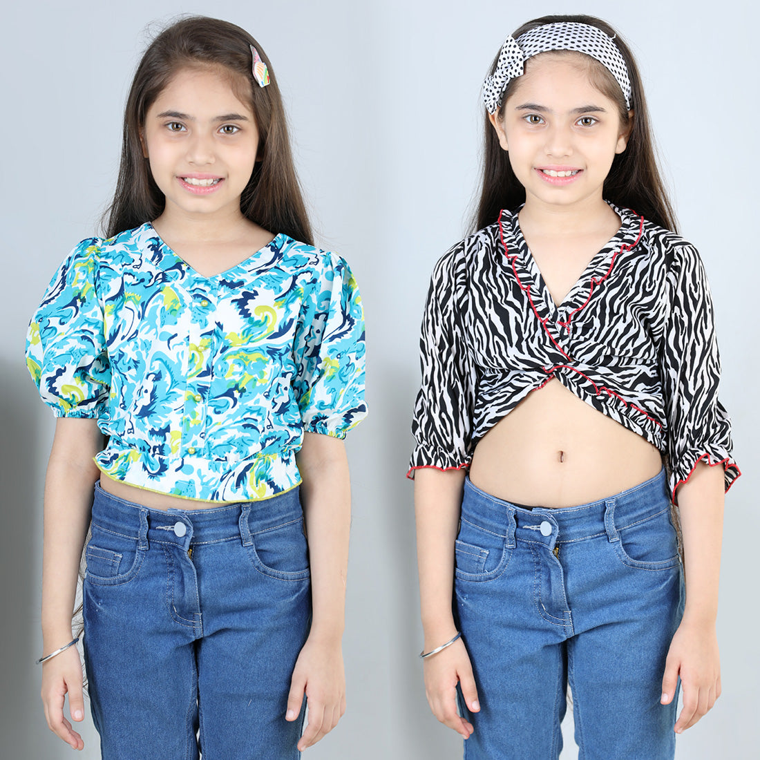 Cutiekins Pack Of 2 Printed V Neck Polyester Top-Sky Blue & Black