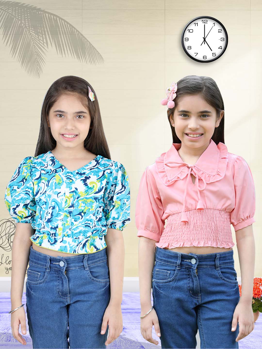 Cutiekins Pack Of 2 Printed V Neck Polyester Top-Sky Blue & Peach