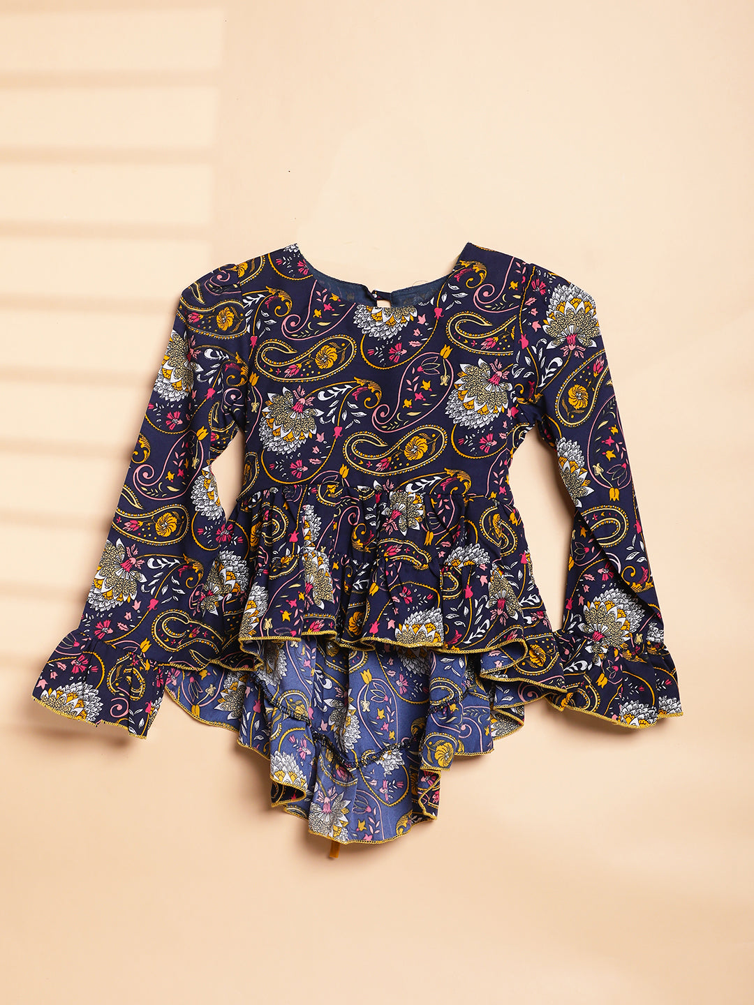 Cutiekins Girls Casual Ethnic Motif Print High-Low Top -Navy Blue & Multi