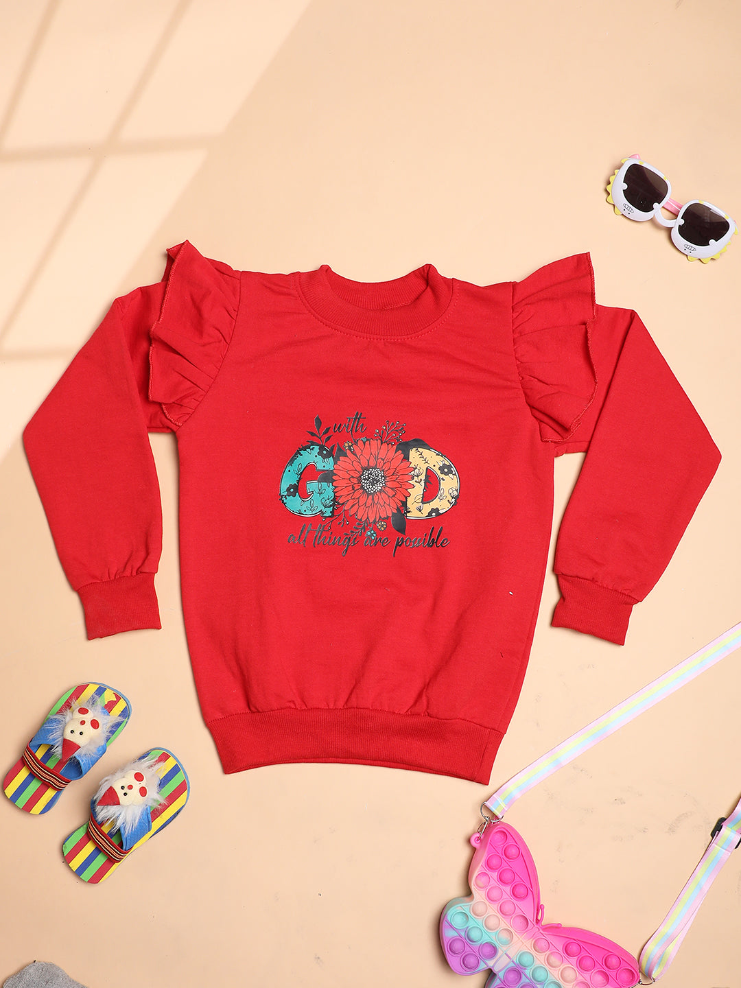 Cutiekins Girls Graphic Print  Trendy Winter Sweatshirt -Red