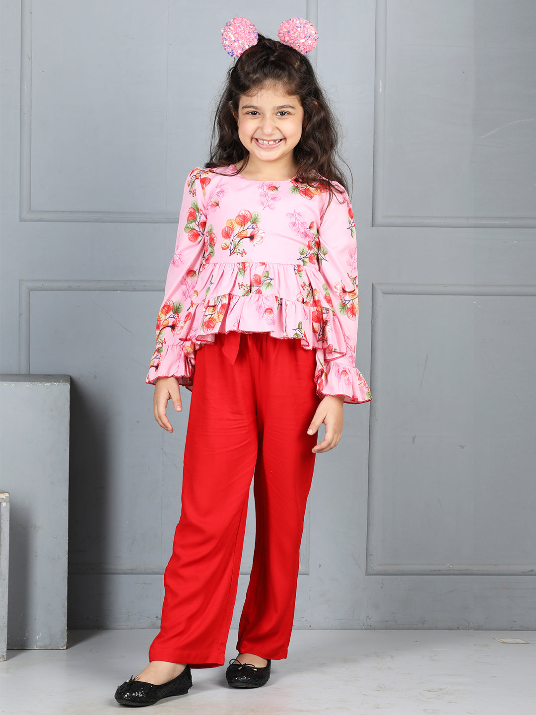 Cutiekins Girls Floral Printed Top With Solid Trouser -Pink & Red