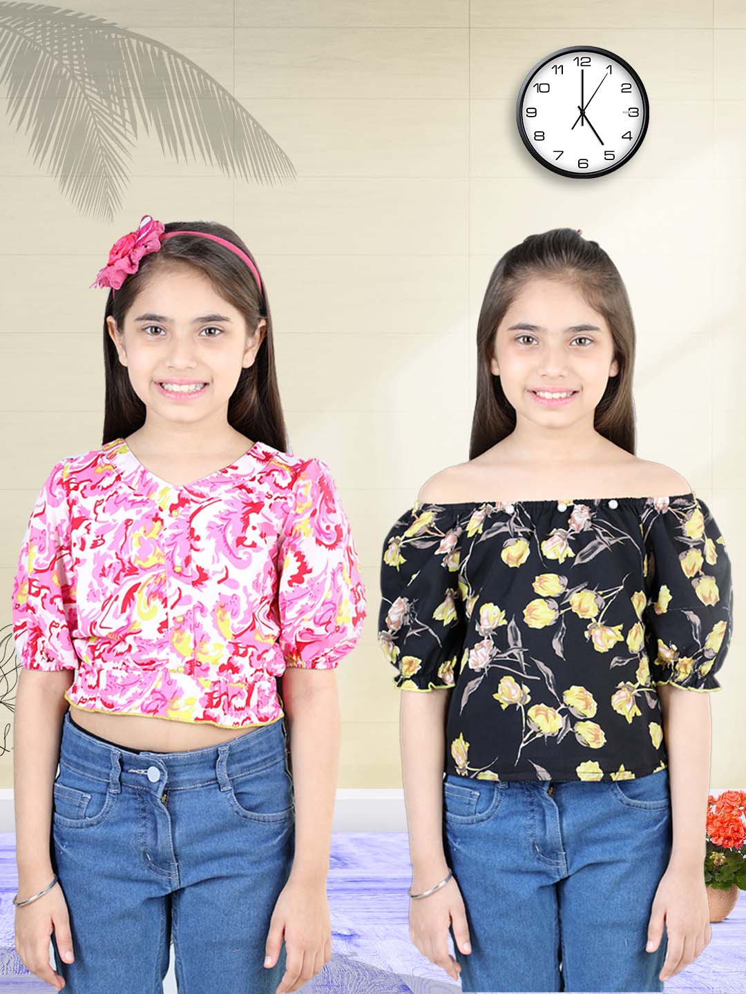 Cutiekins Pack Of 2 Printed V Neck Polyester Top-Pink & Black