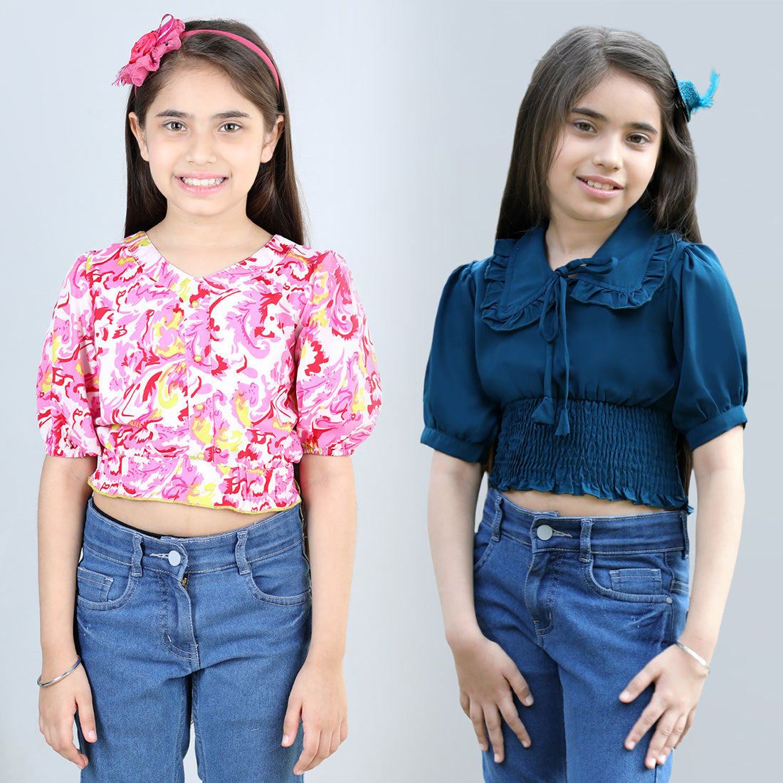 Cutiekins Pack Of 2 Printed V Neck Polyester Top-Pink & Teal Blue