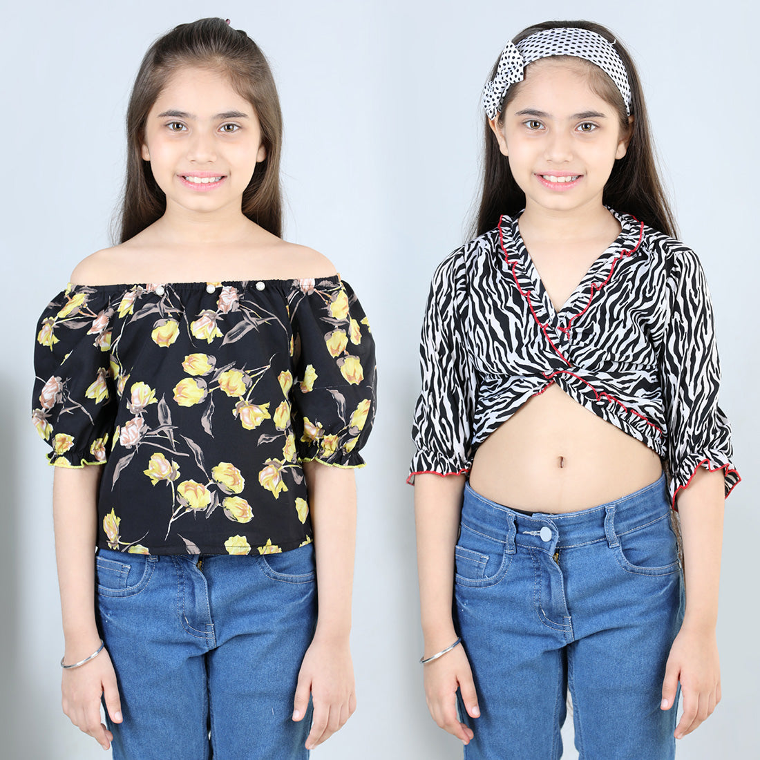 Cutiekins Pack Of 2 Printed Off-Shoulder Polyester Top-Black & Yellow