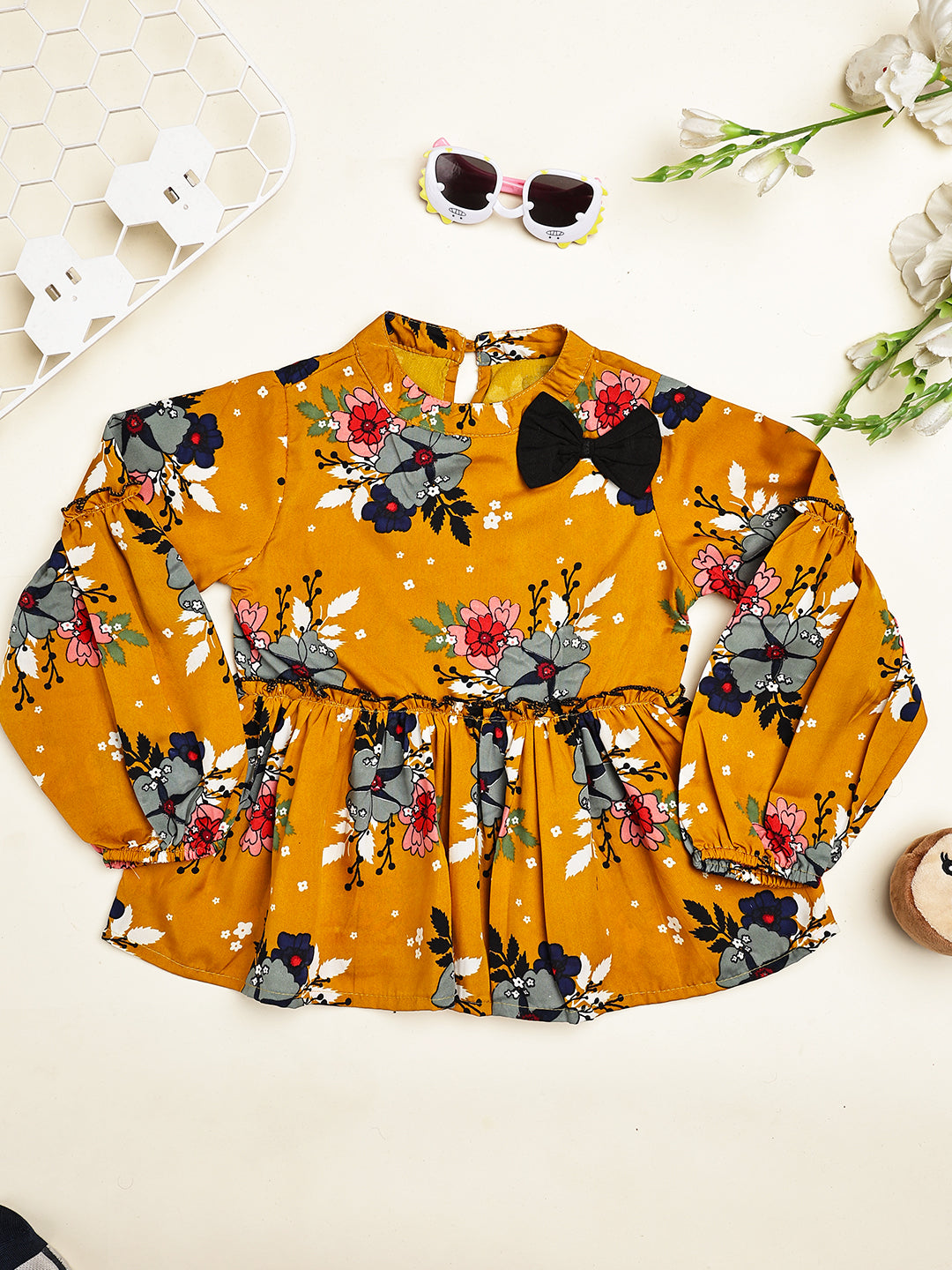 Cutiekins Girls Adorable Floral Print Casual Top -Mustard & Black