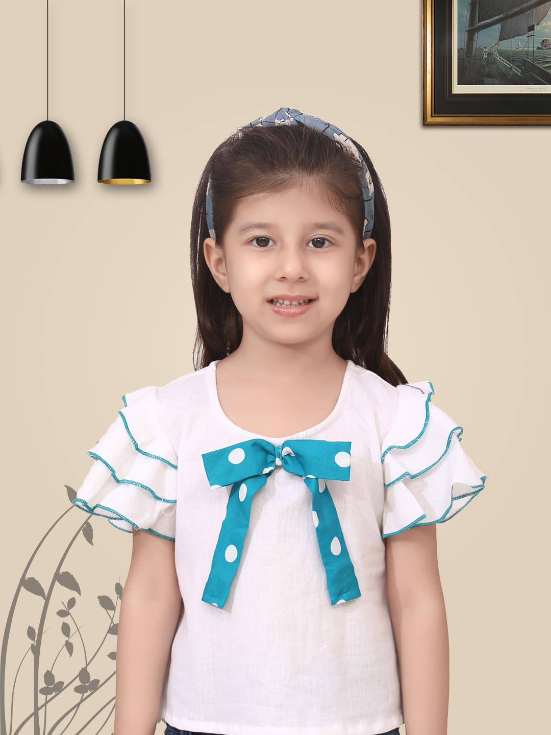 Girls White & Sky Blue Solid Ruffle Sleeves Top