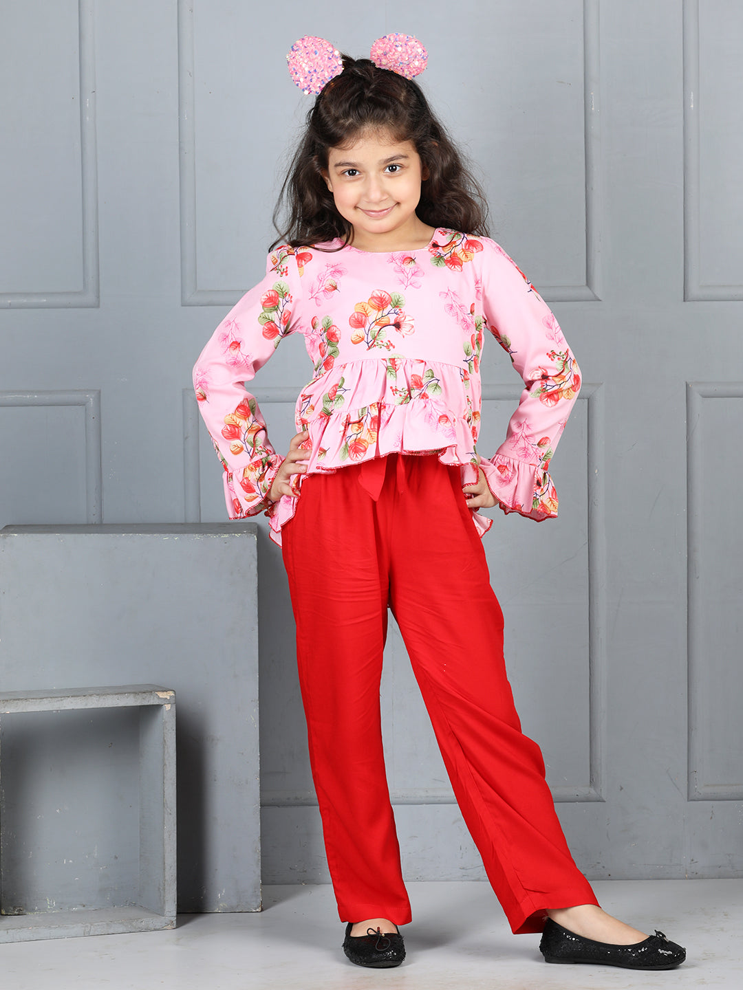 Cutiekins Girls Floral Printed Top With Solid Trouser -Pink & Red