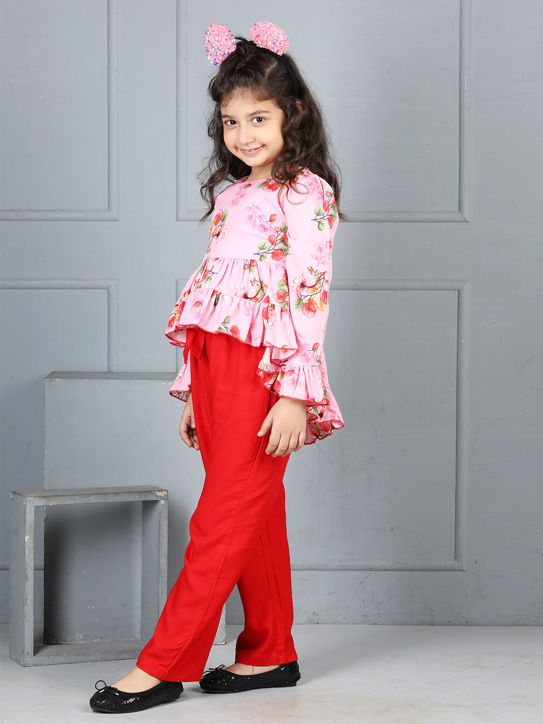 Cutiekins Girls Floral Printed Top With Solid Trouser -Pink & Red