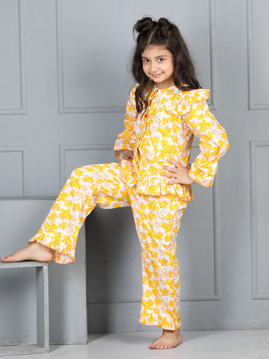 Cutiekins Girls Shirt Style Floral Printed Top With Printed Palazzo Nightsuit -Off White & Orange