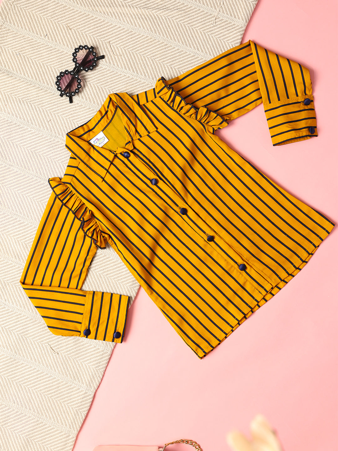 Cutiekins Girls Shirt Style Striped Top -Mustard & Navy Blue