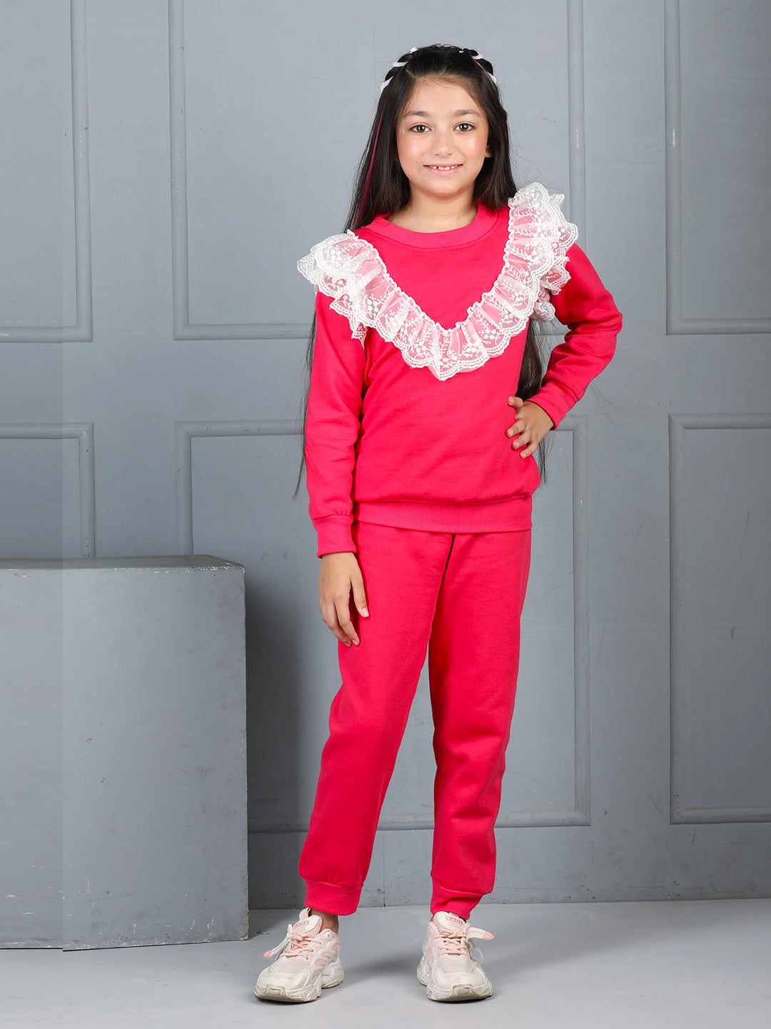 Cutiekins Girls Solid Embellished Cozy Fleece Tracksuit -Hot Pink & Off White