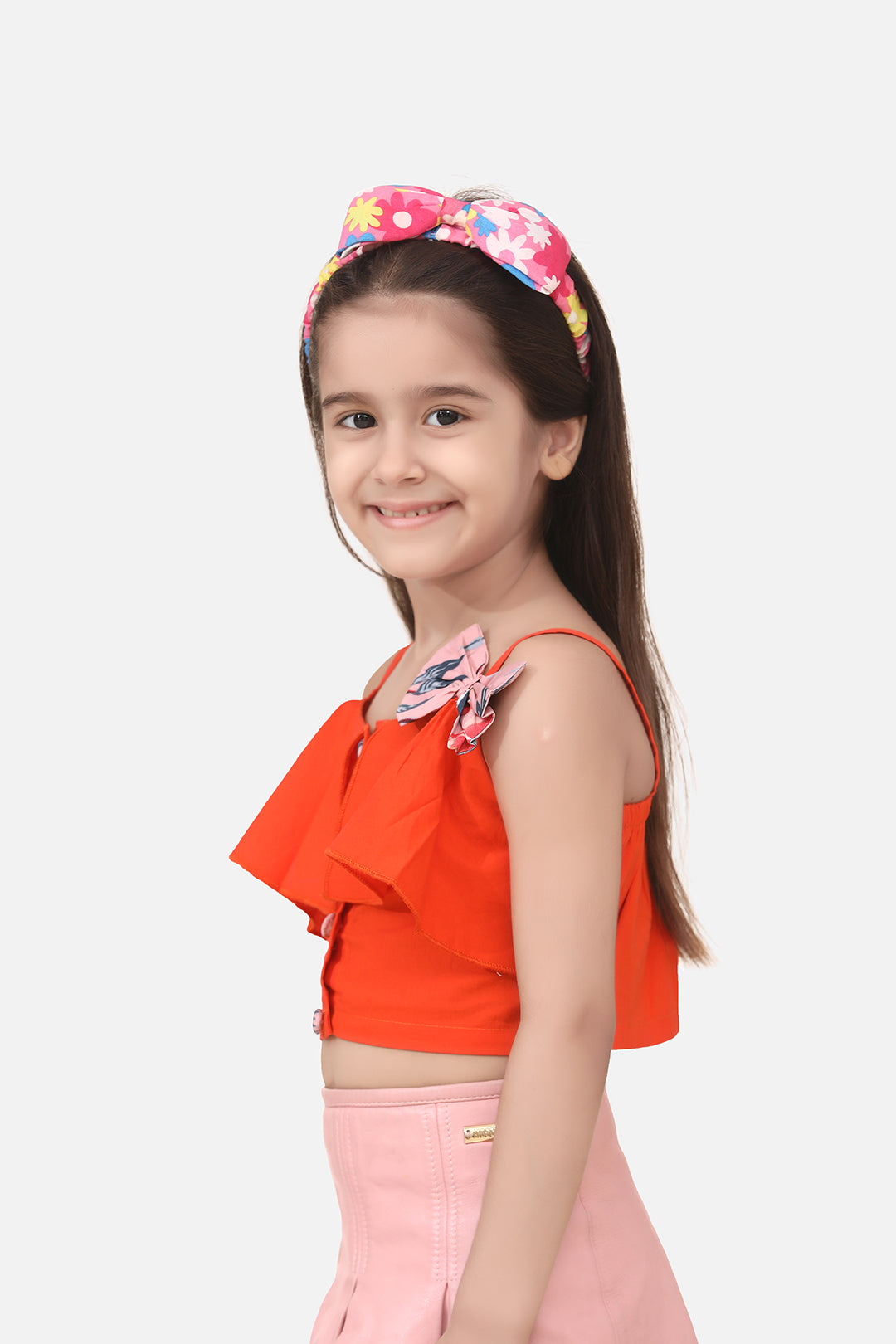 Girls Orange Solid Shoulder Strap Crop Top