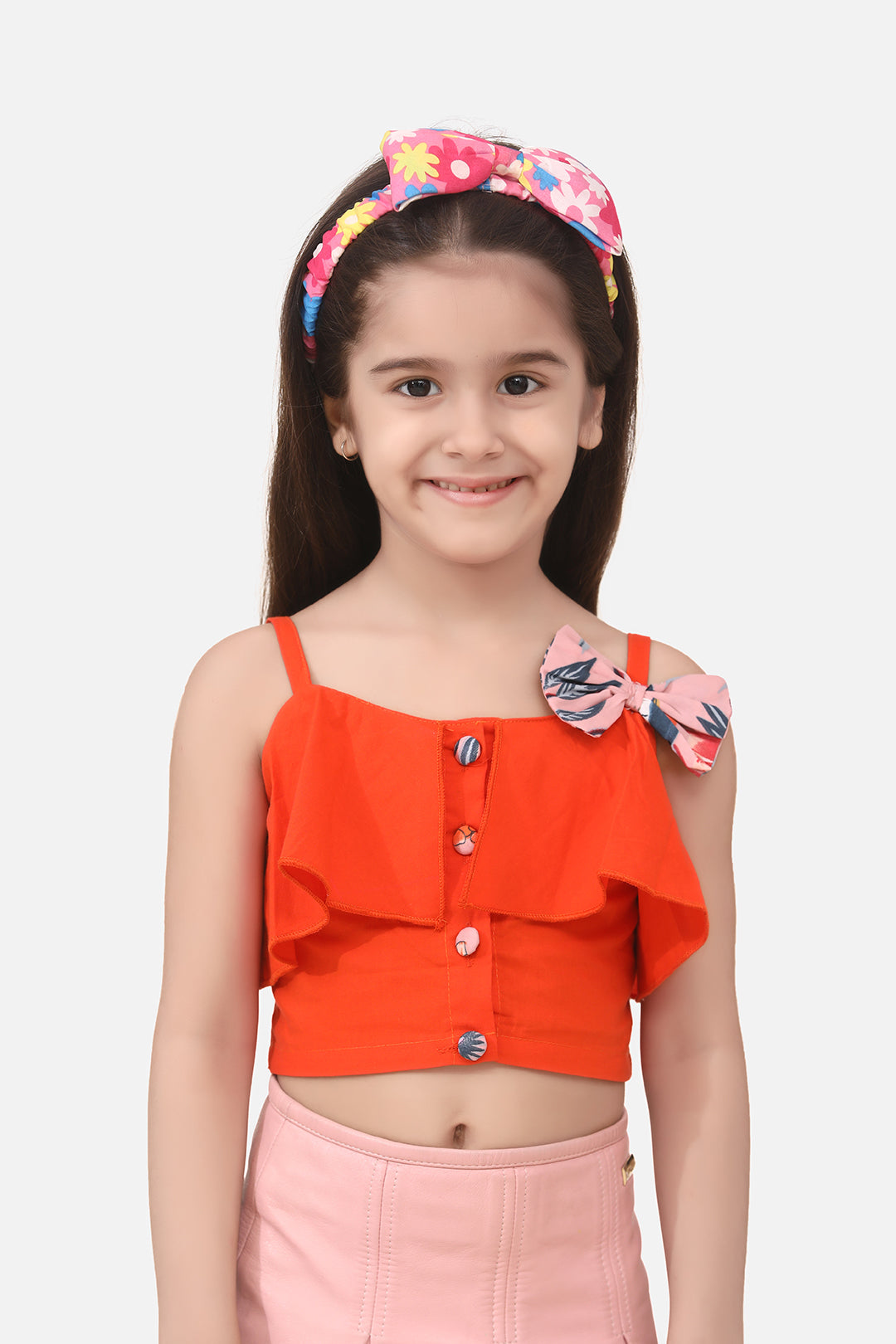 Girls Orange Solid Shoulder Strap Crop Top