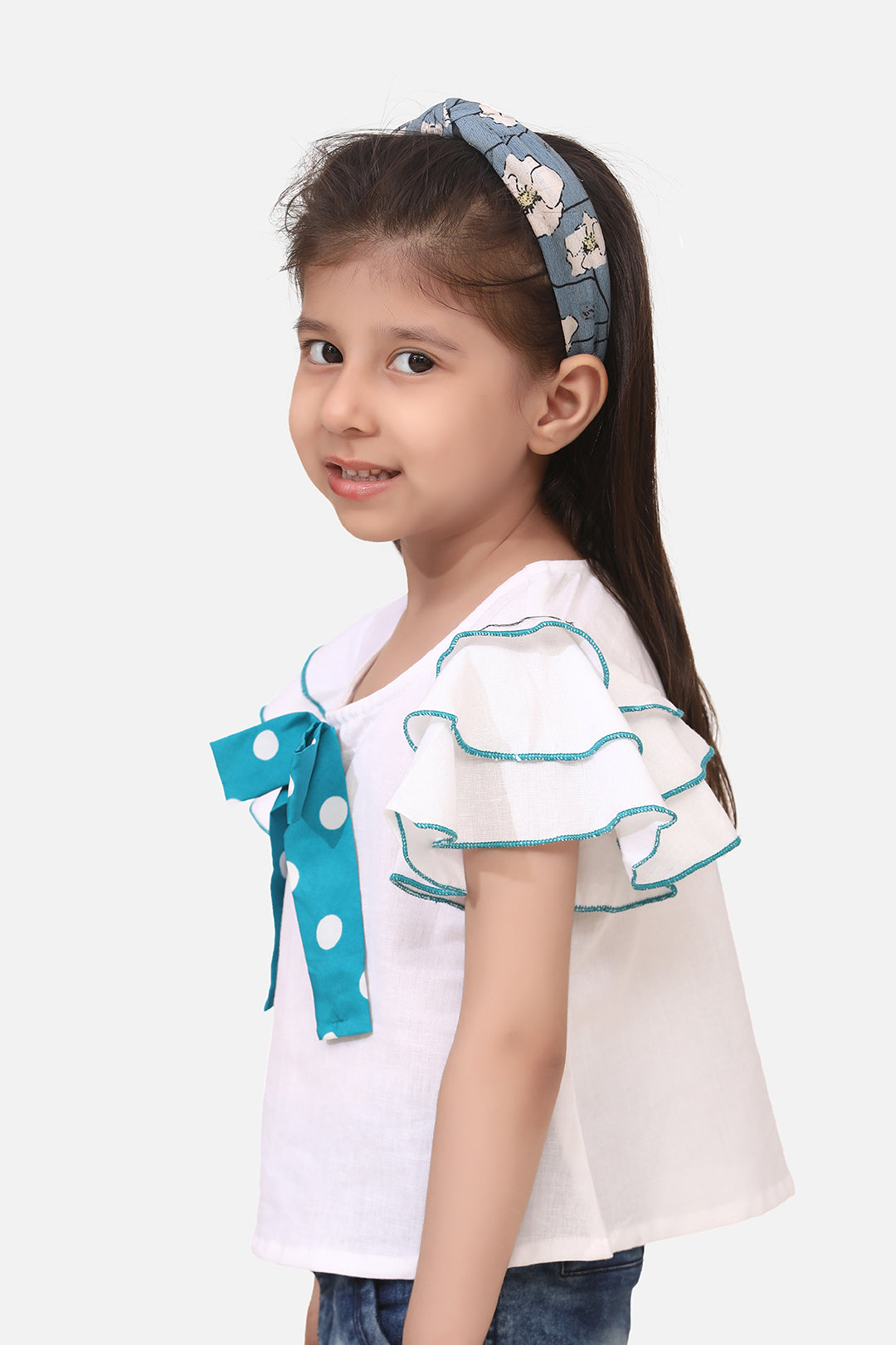 Girls White & Sky Blue Solid Ruffle Sleeves Top