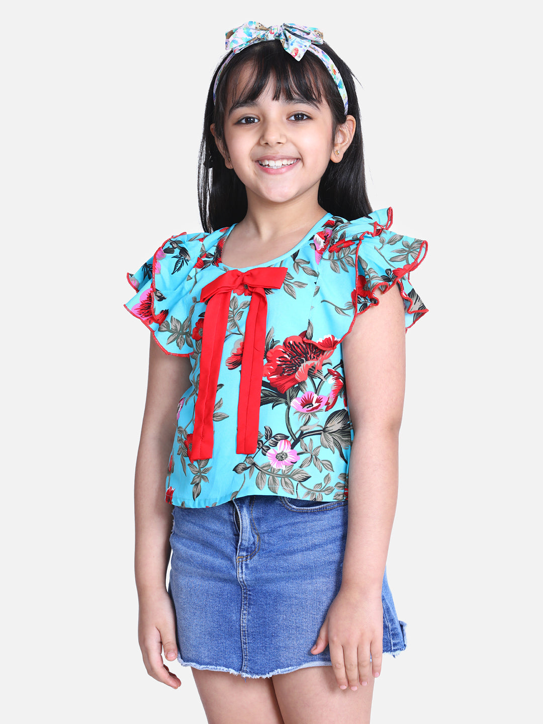 Cutiekins Floral Print Ruffle Sleeves Top-Aqua Blue & Red